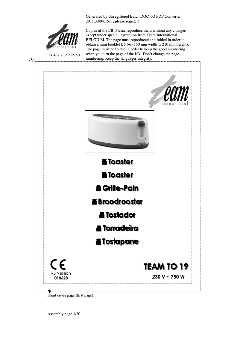 Page 1 de la notice Manuel utilisateur Team TO 19