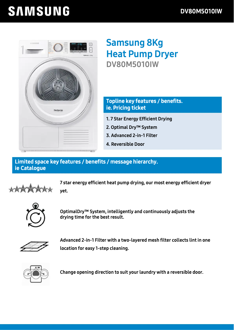 Page n°1 - Fiche technique Samsung DV80M5010