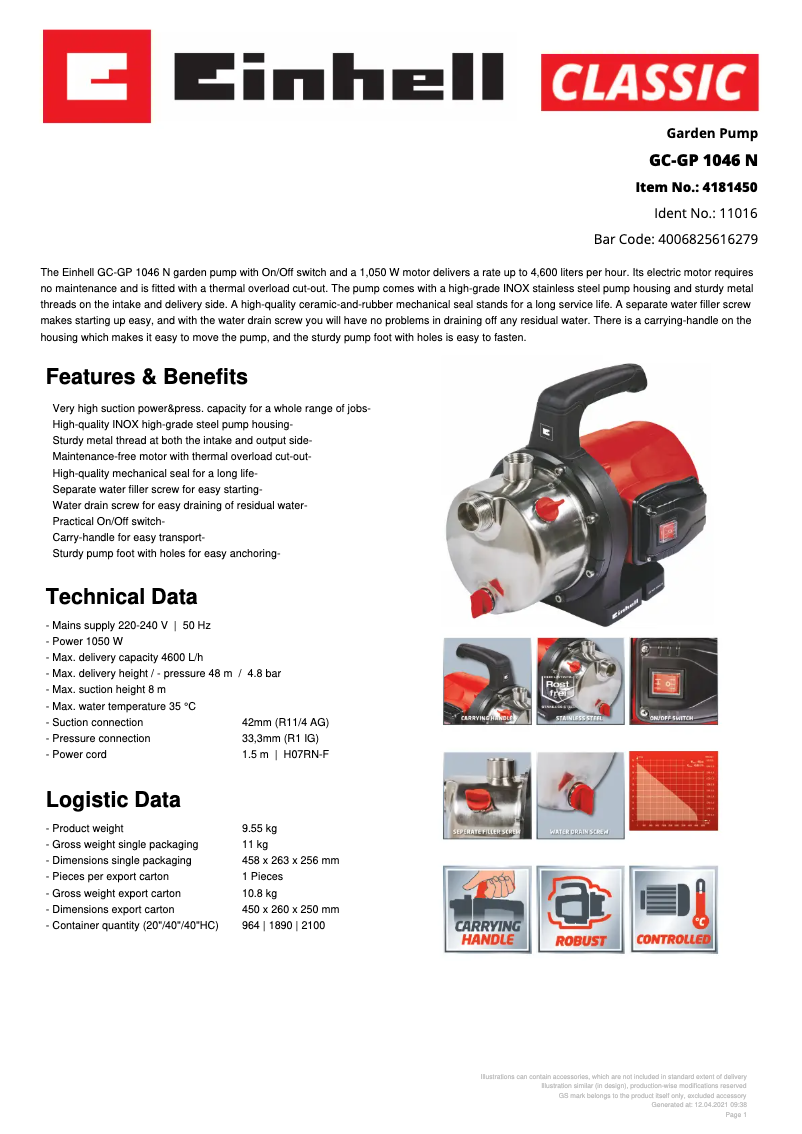 Page n°1 - Fiche technique Einhell GC-GP 1046 N