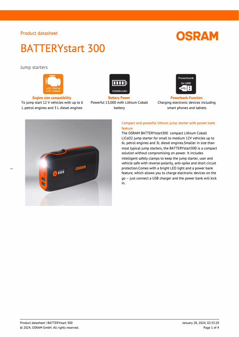 Page n°1 - Fiche technique Osram BATTERYstart 300