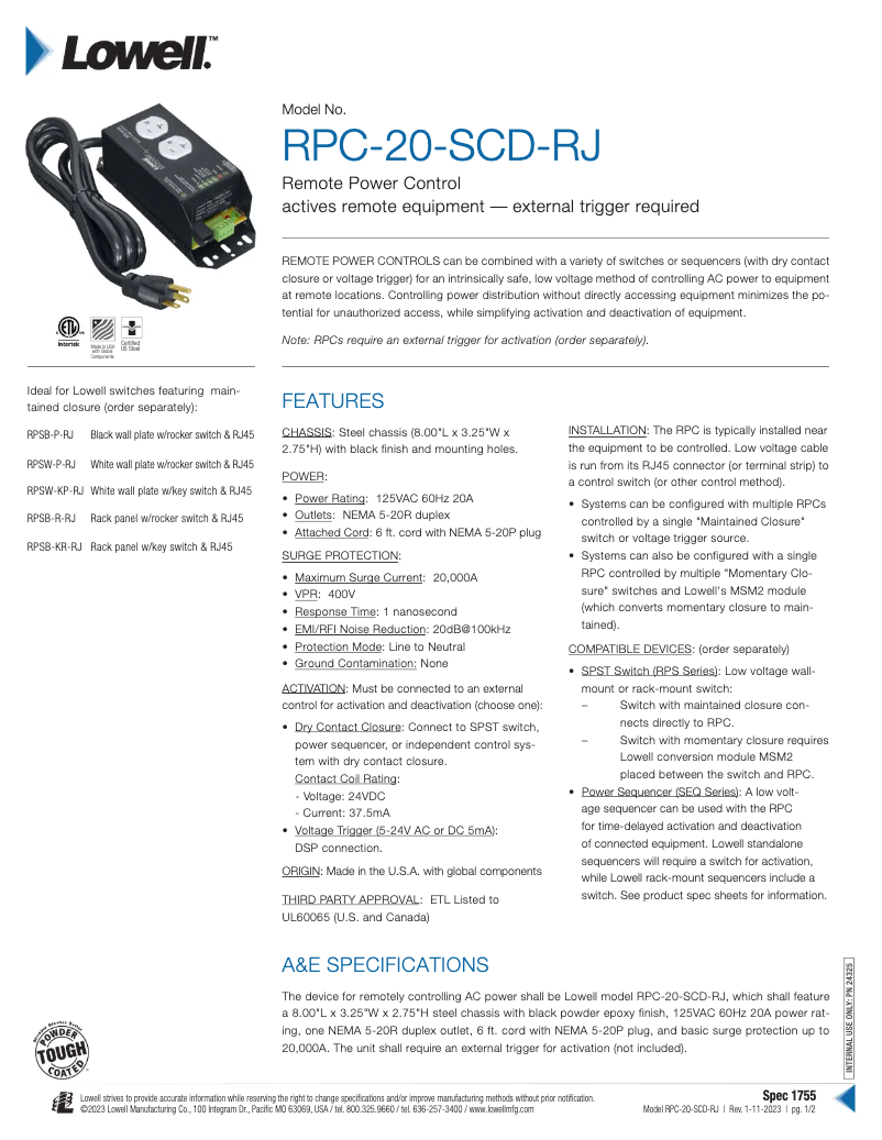 Page n°1 - Manuel utilisateur Lowell RPC-20-SCD-RJ