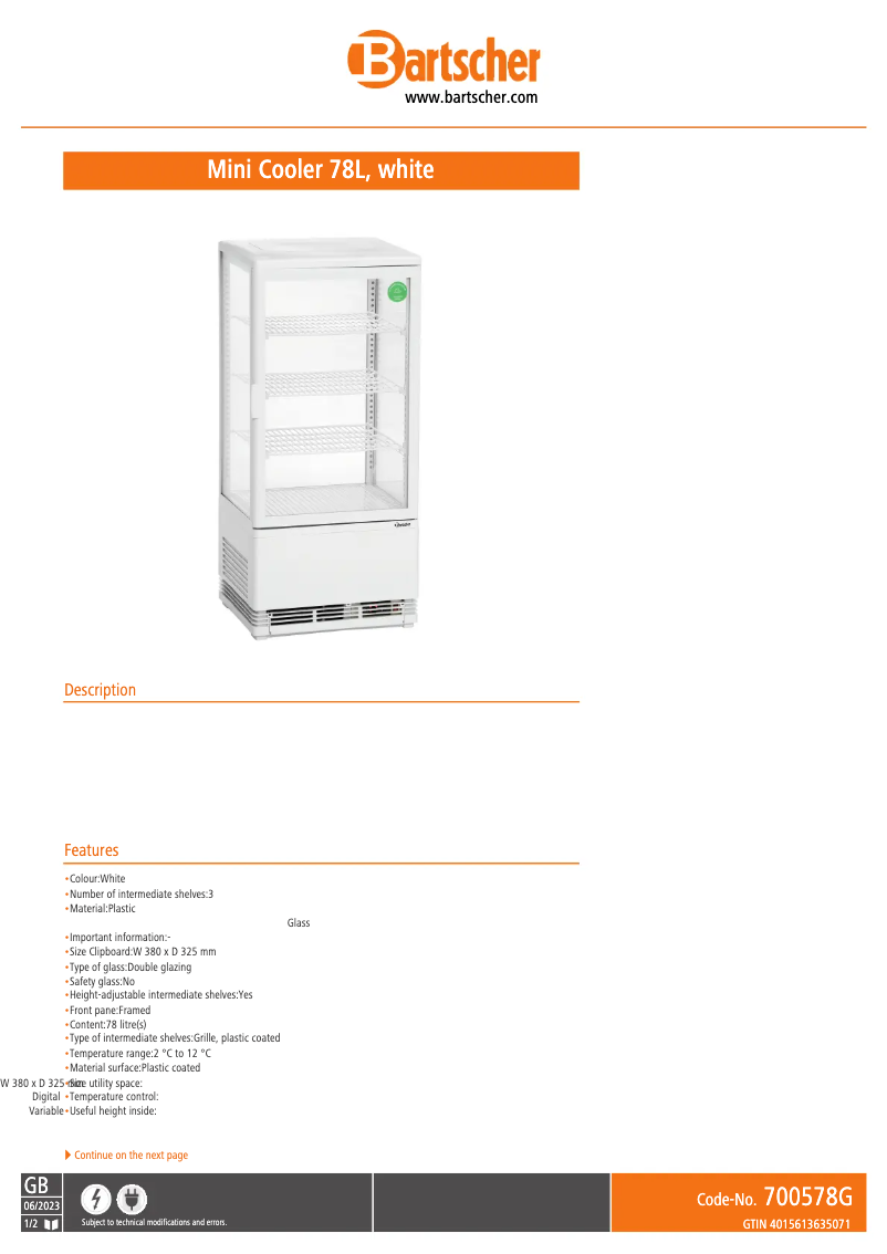 Page 1 de la notice Fiche technique Bartscher 700578G