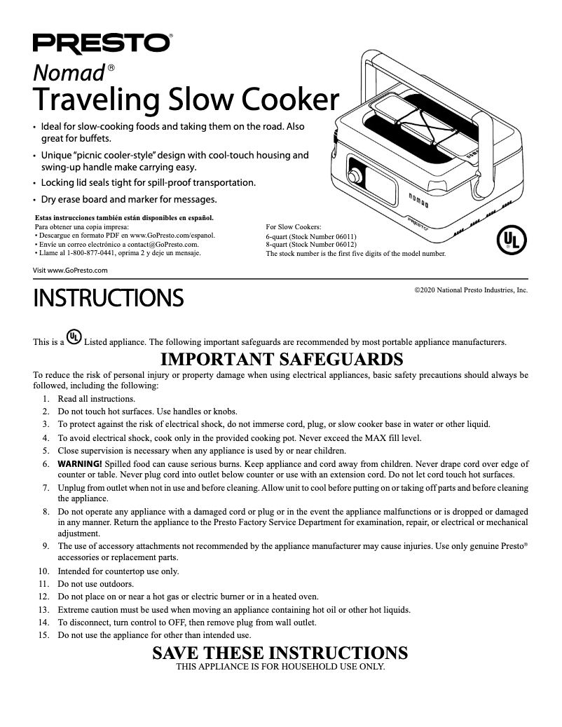 Page n°1 - Manuel utilisateur Presto Nomad 06011