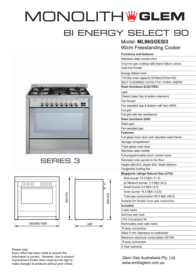 Page n°1 - Fiche technique Glem Gas ML96GGESI3
