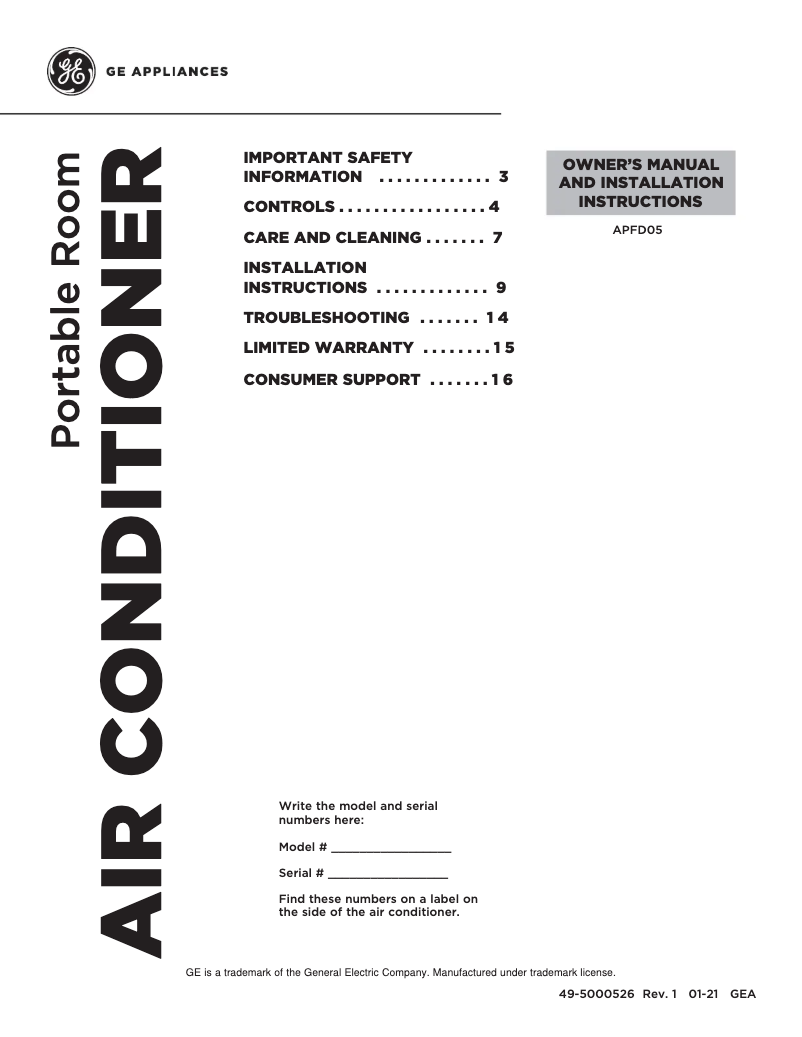 Page n°1 - Guide d'installation GE APFD05JASW