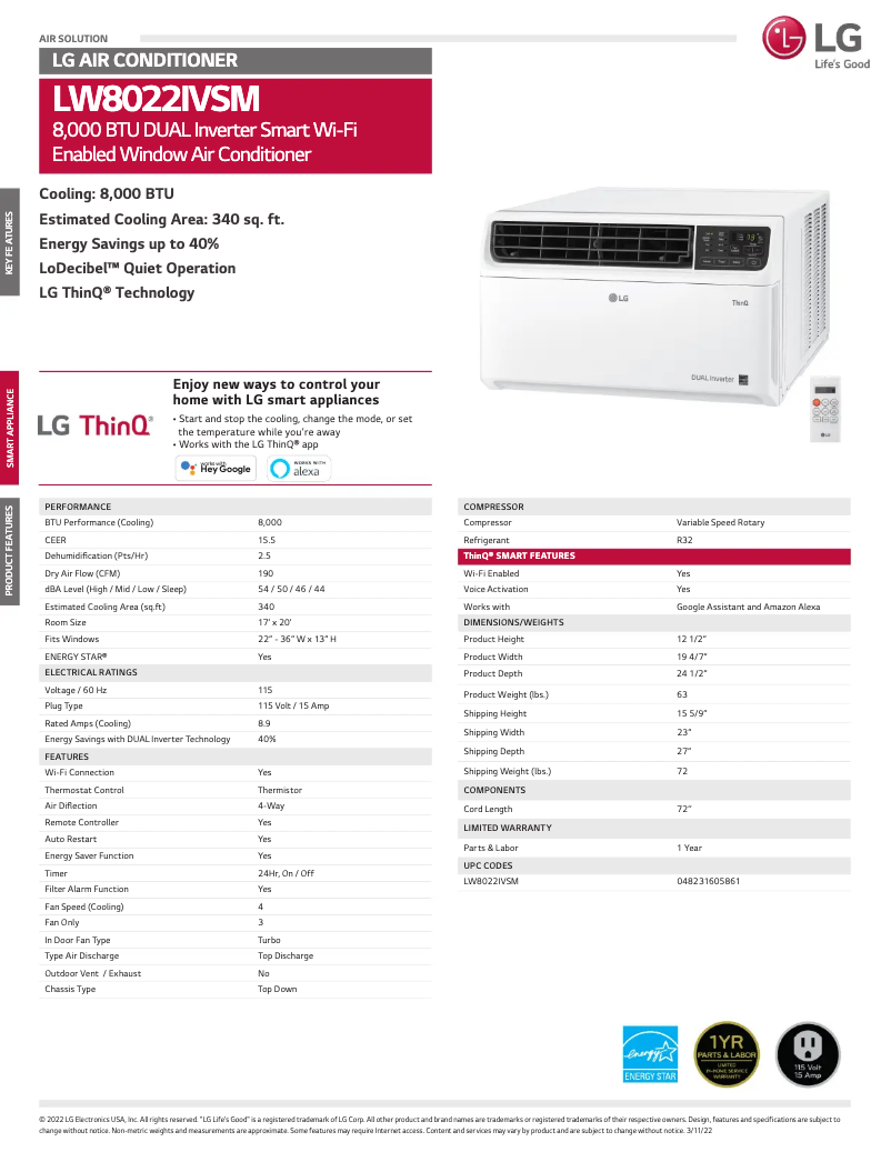Page 1 de la notice Fiche technique LG LW8022IVSM
