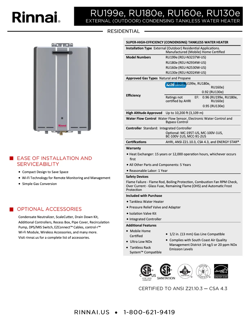 Page 1 de la notice Fiche technique Rinnai RU130eN