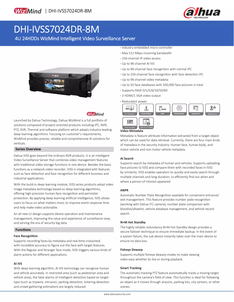Page 1 de la notice Fiche technique Dahua Technology IVSS7024DR-8M