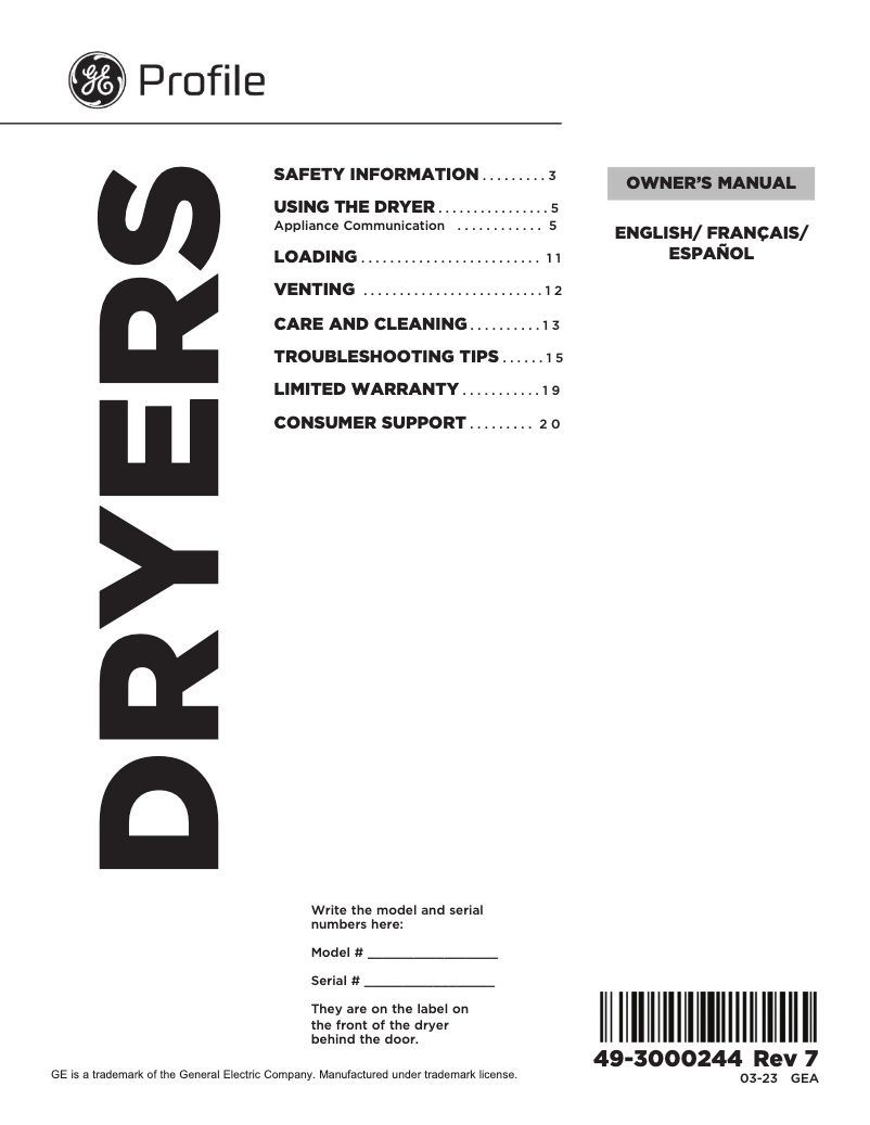 Page n°1 - Manuel utilisateur GE Profile PTD90EBPTDG