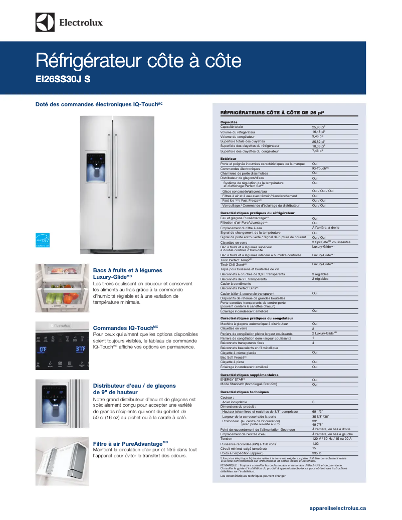 Page 1 de la notice Fiche technique Electrolux EI26SS30JB