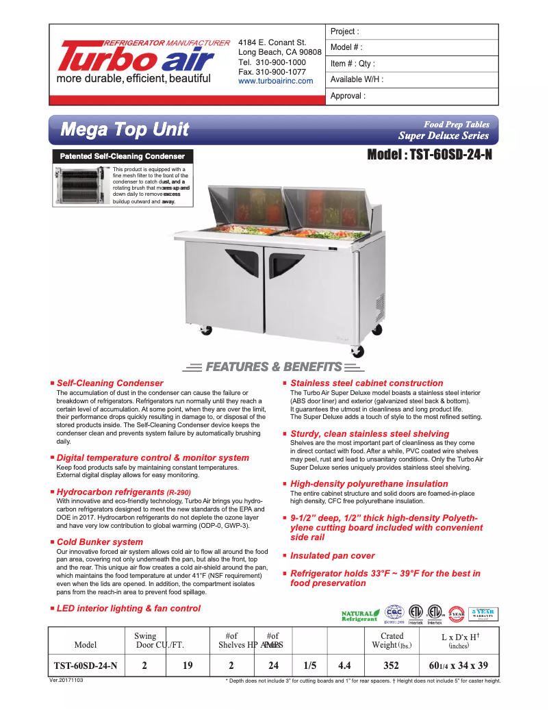 Page n°1 - Fiche technique Turbo air TST-60SD-24