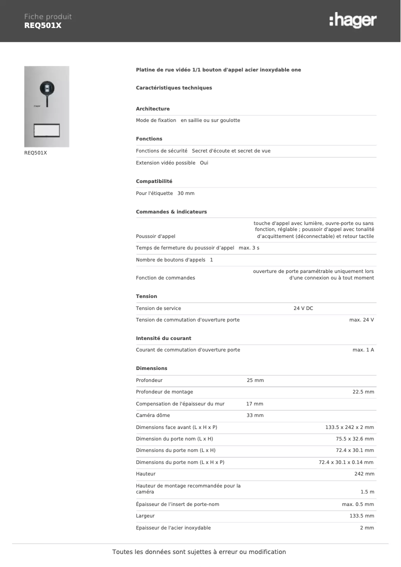 Page n°1 - Fiche technique Hager REQ501X