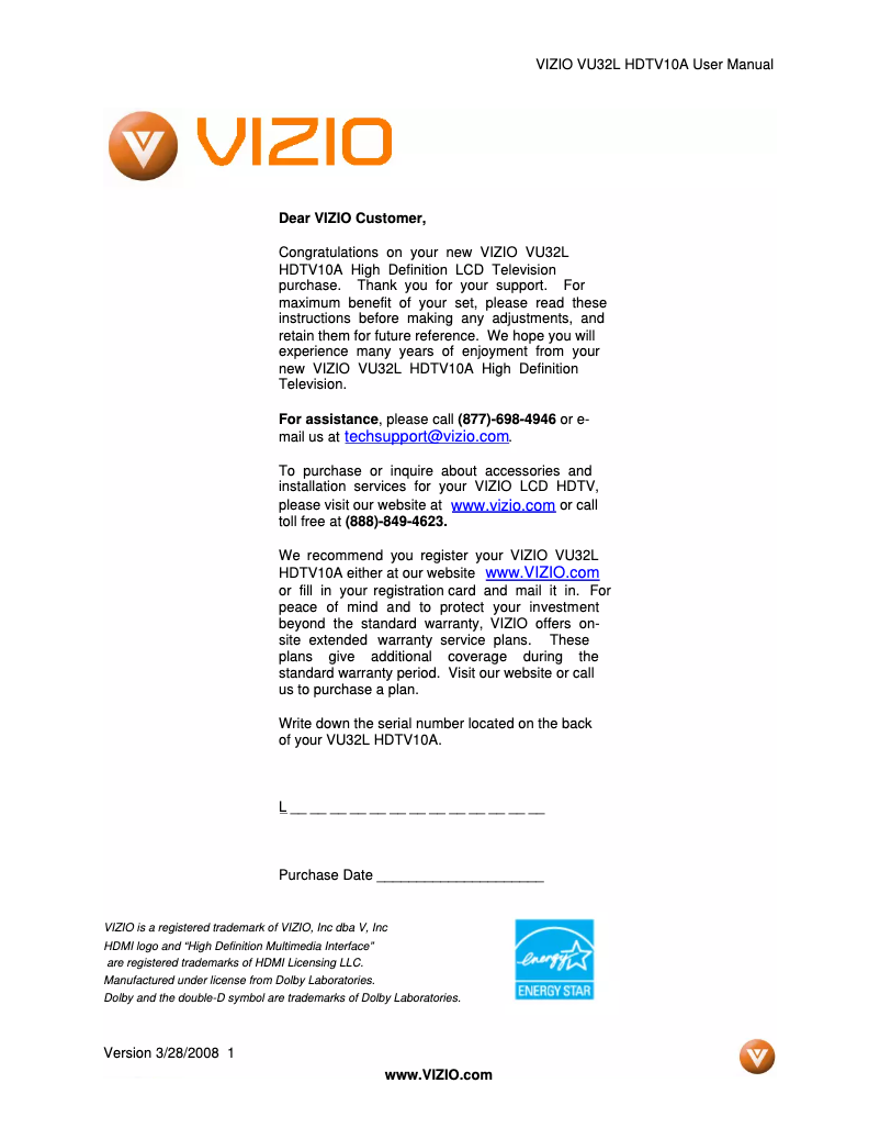 Page 1 de la notice Manuel utilisateur VIZIO VU32L