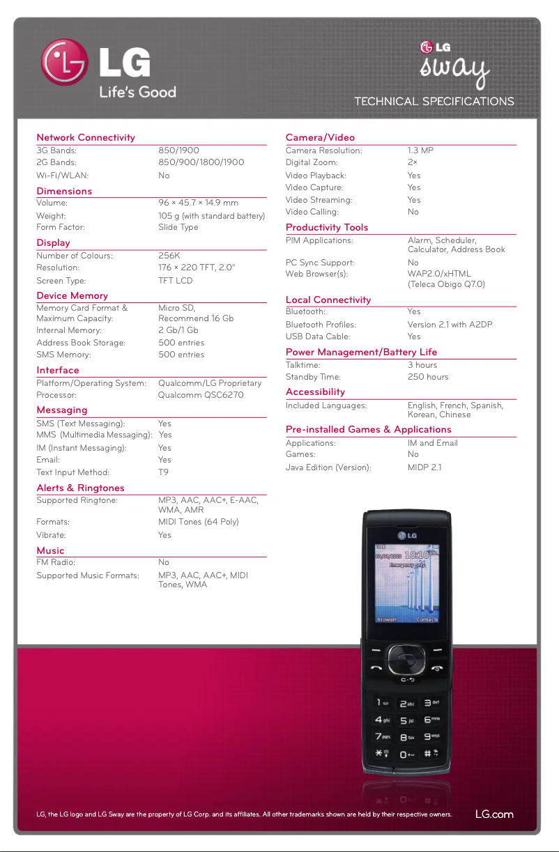 Page 1 de la notice Fiche technique LG GU290V