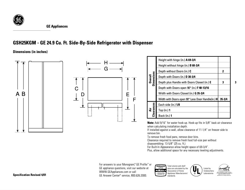 Page n°1 - Fiche technique GE GSH25KGMCC