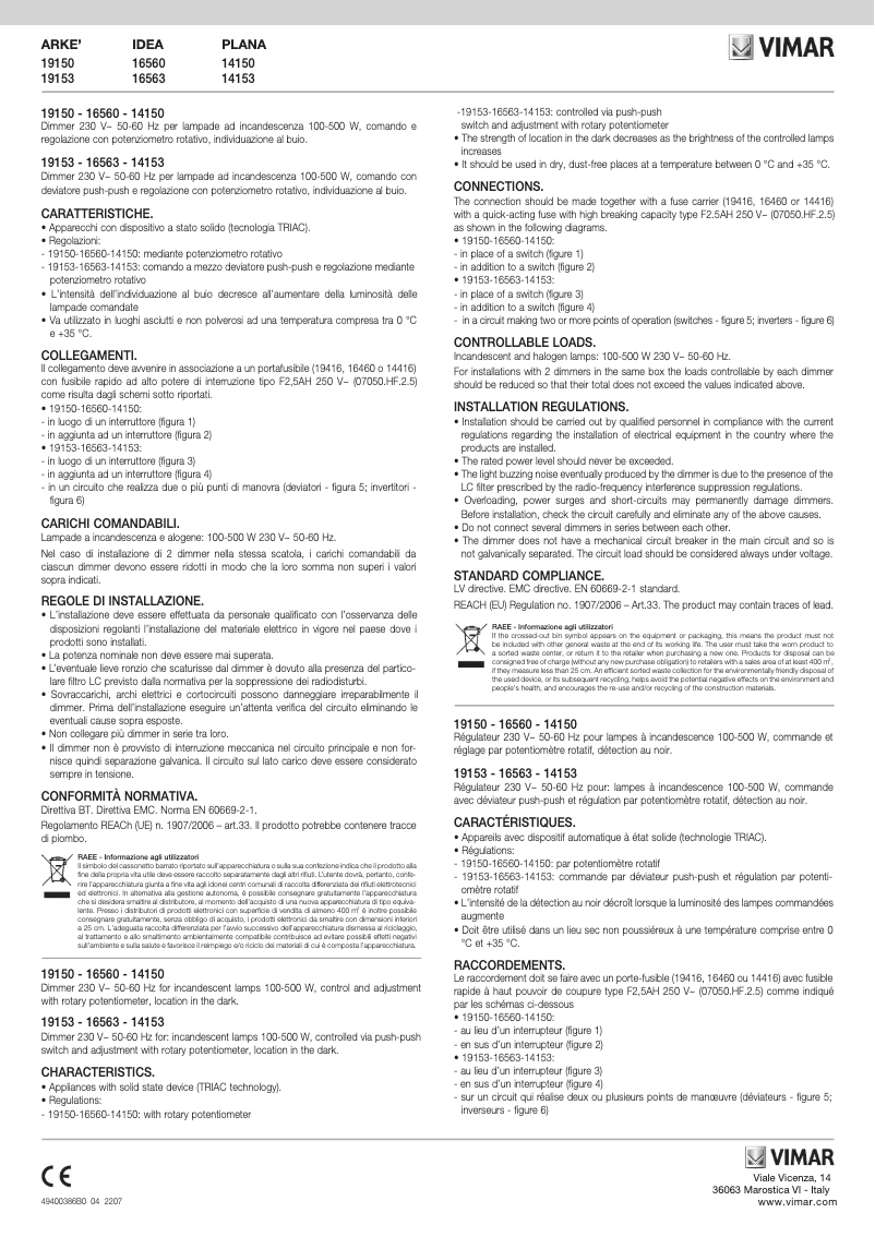 Page 1 de la notice Manuel utilisateur Vimar 14150