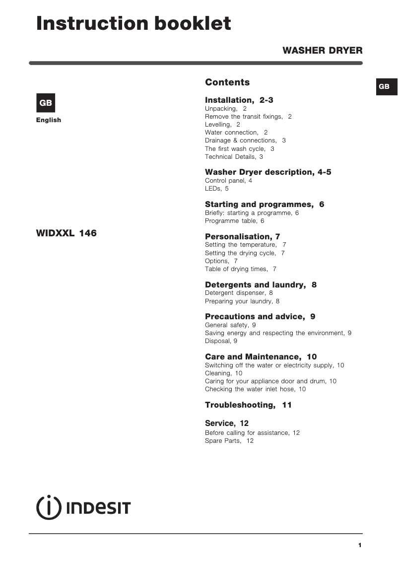 Page 1 de la notice Manuel utilisateur Indesit WIDXXL 146