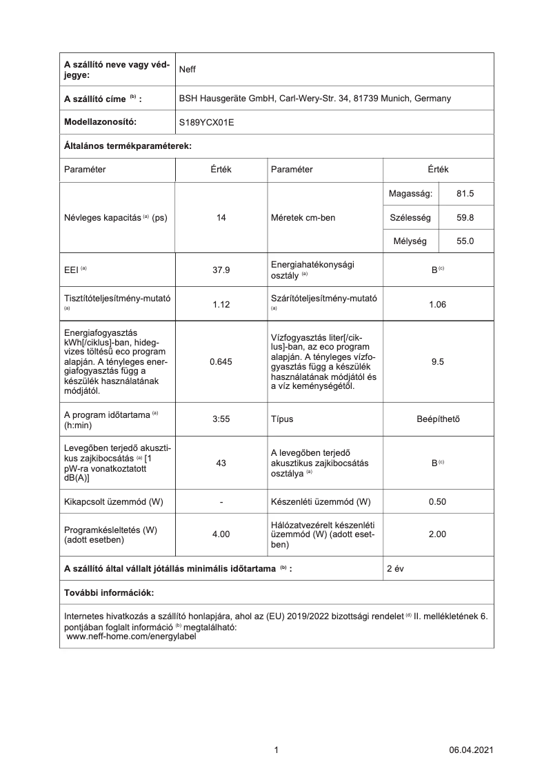 Page n°1 - Label énergétique Neff S189YCX01E