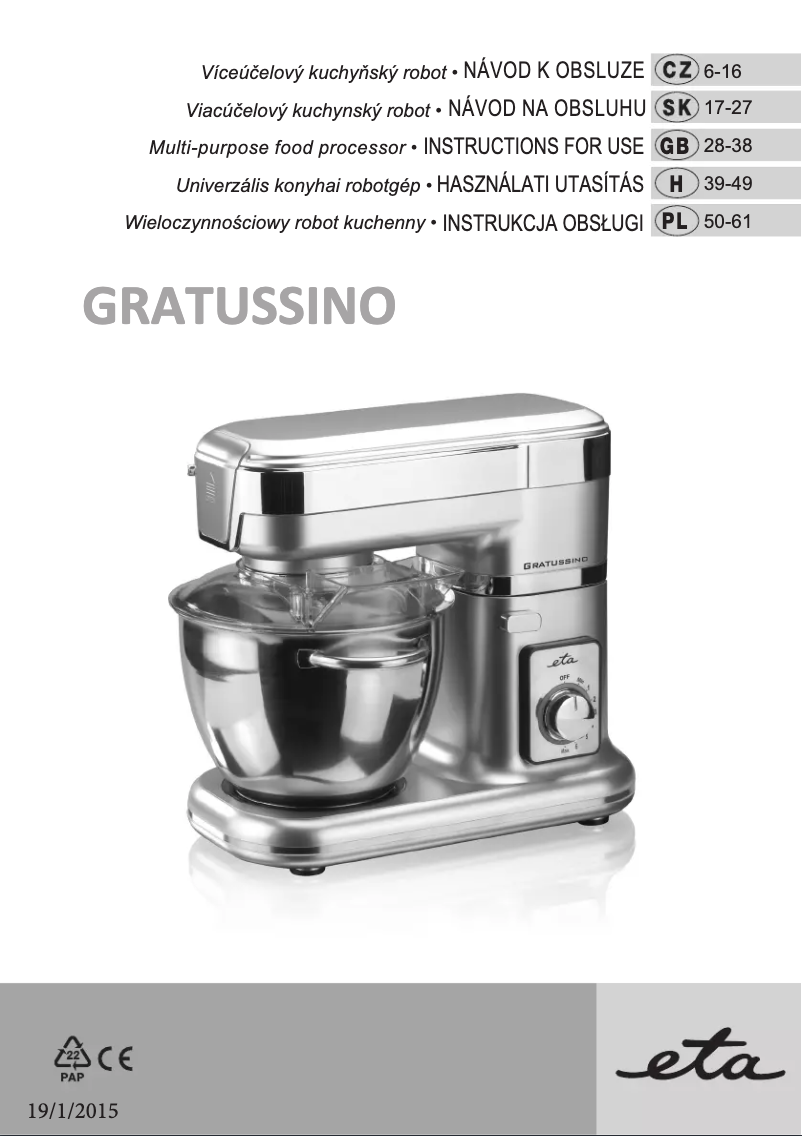 Page 1 de la notice Manuel utilisateur Eta Gratussino 0023 90030