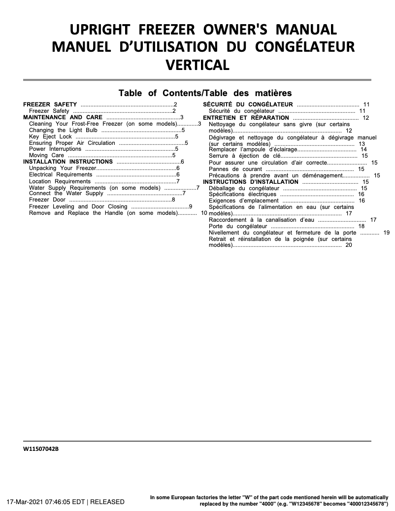 Image de la première page du manuel de l'appareil WZF79R20D
