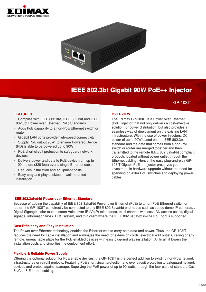Page 1 de la notice Fiche technique Edimax GP-103IT