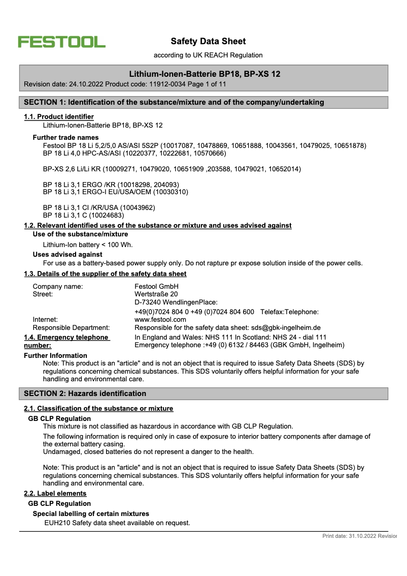 Page 1 de la notice Fiche technique Festool BP 18 Li
