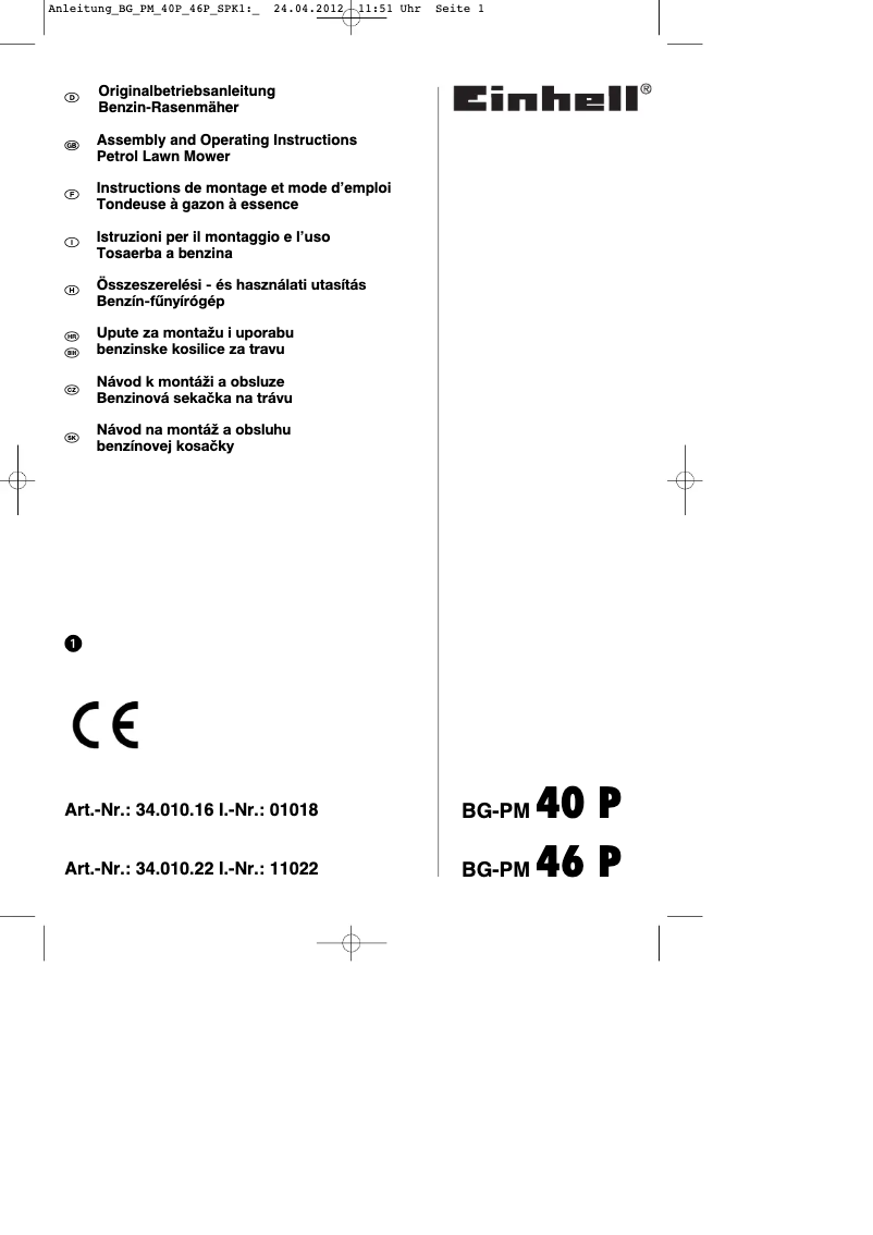 Page n°1 - Mode d'emploi Einhell BG-PM 46 P