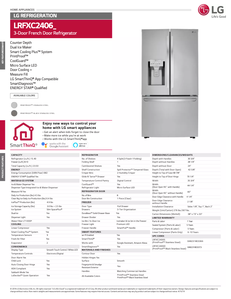 Page 1 de la notice Fiche technique LG LRFXC2406S