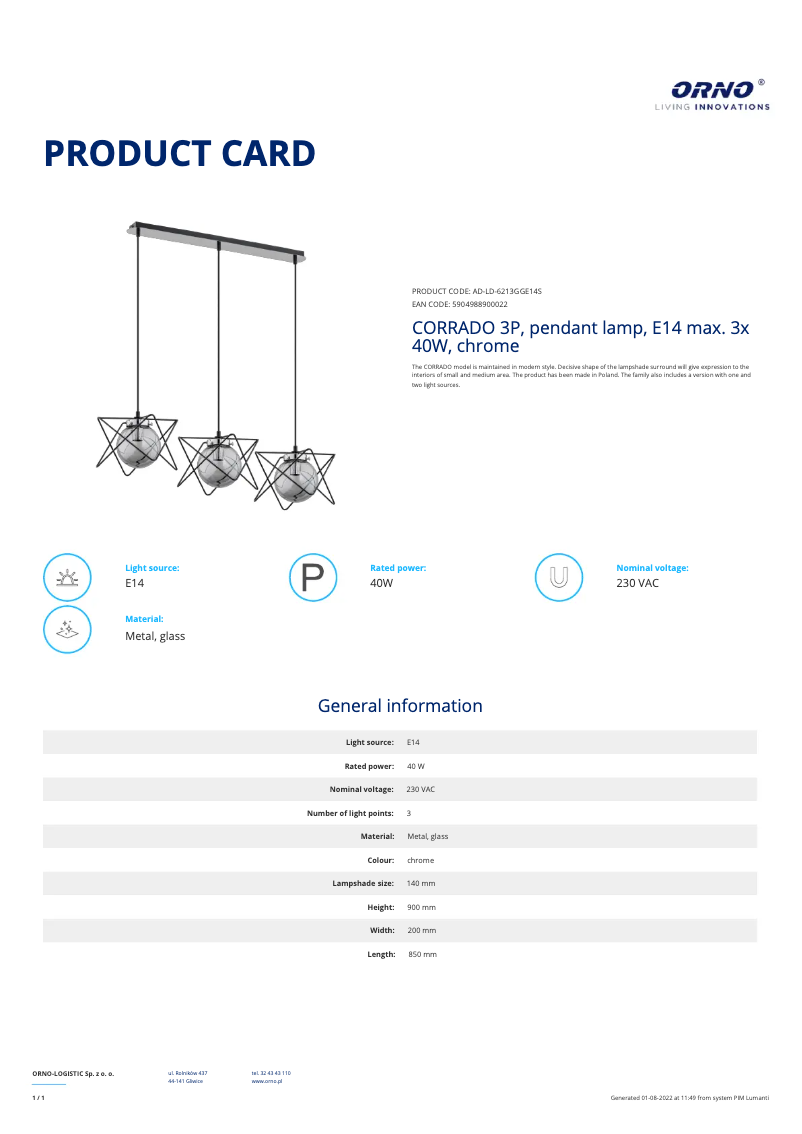 Page 1 de la notice Fiche technique Adviti AD-LD-6213GGE14S