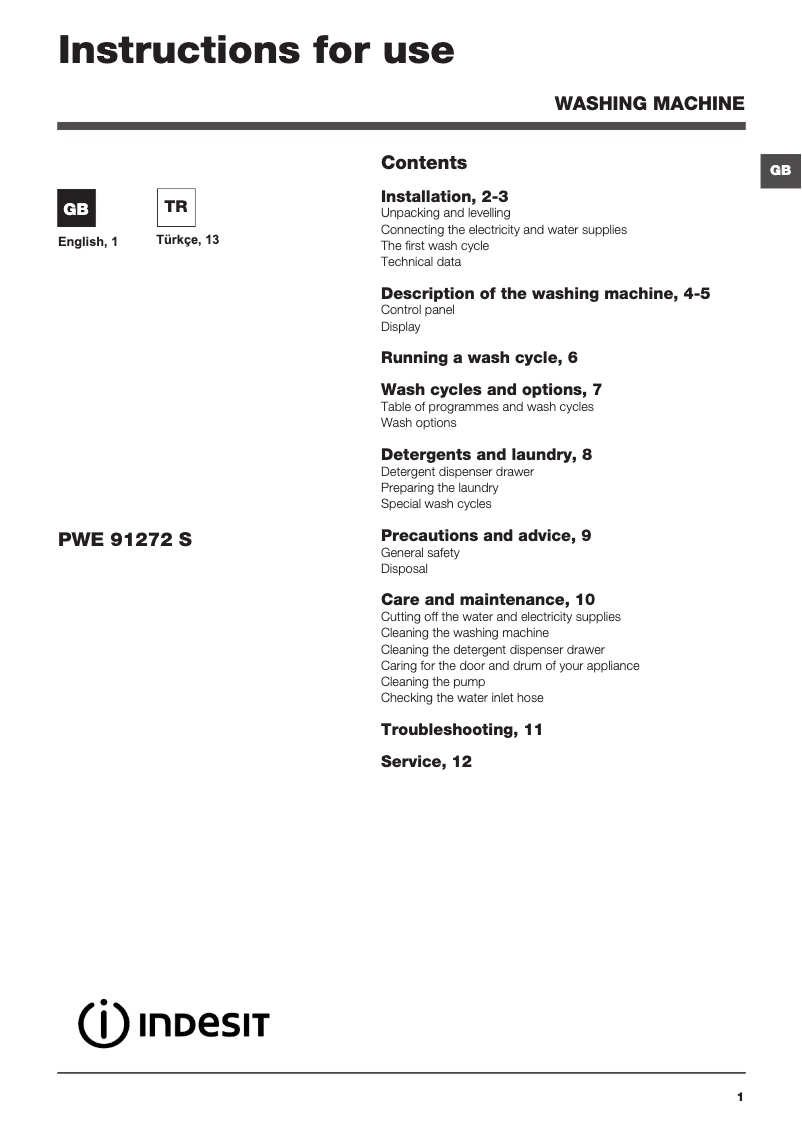 Page n°1 - Manuel utilisateur Indesit PWE 91272 S