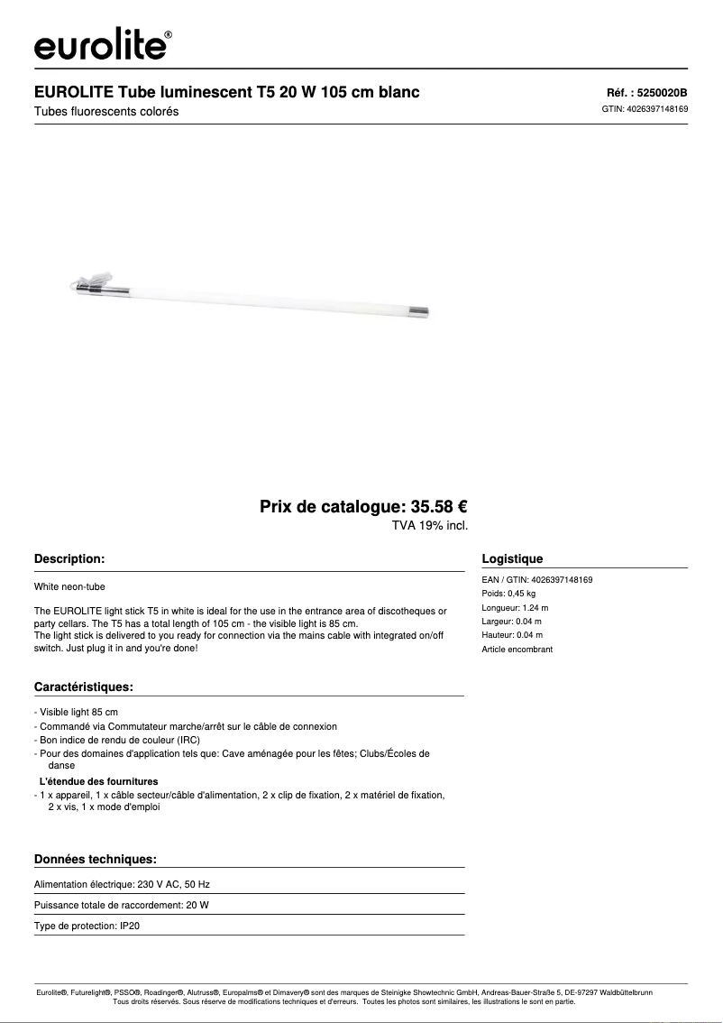 Page n°1 - Fiche technique Eurolite Neon Stick T5