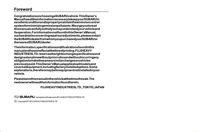 Page 1 de la notice Instructions de sécurité Subaru Forester (2016)