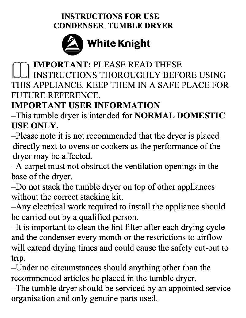 Page 1 de la notice Manuel utilisateur White Knight C72AW