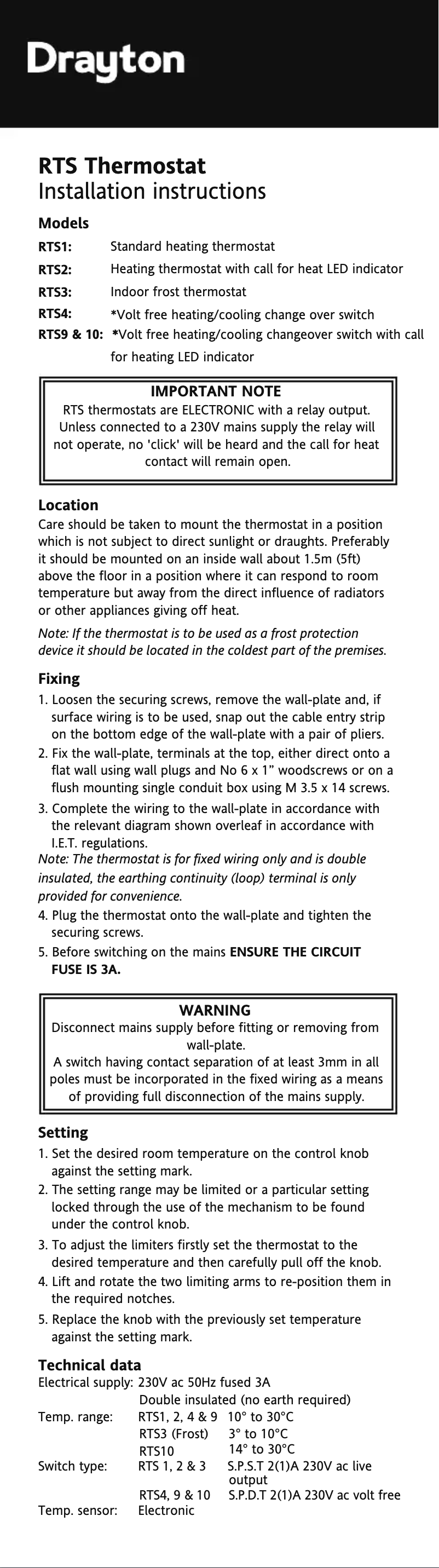 Page 1 de la notice Guide d'installation Drayton RTS10