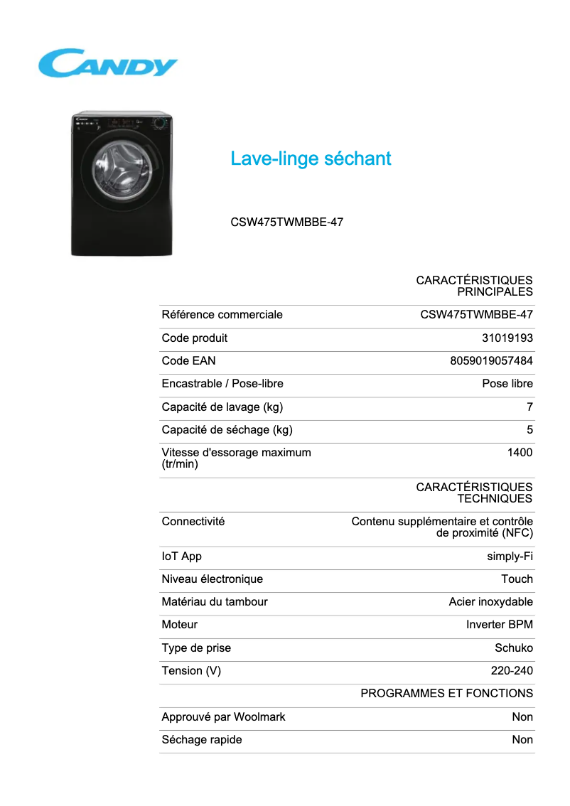 Image de la première page du manuel de l'appareil CSW475TWMBBE-47