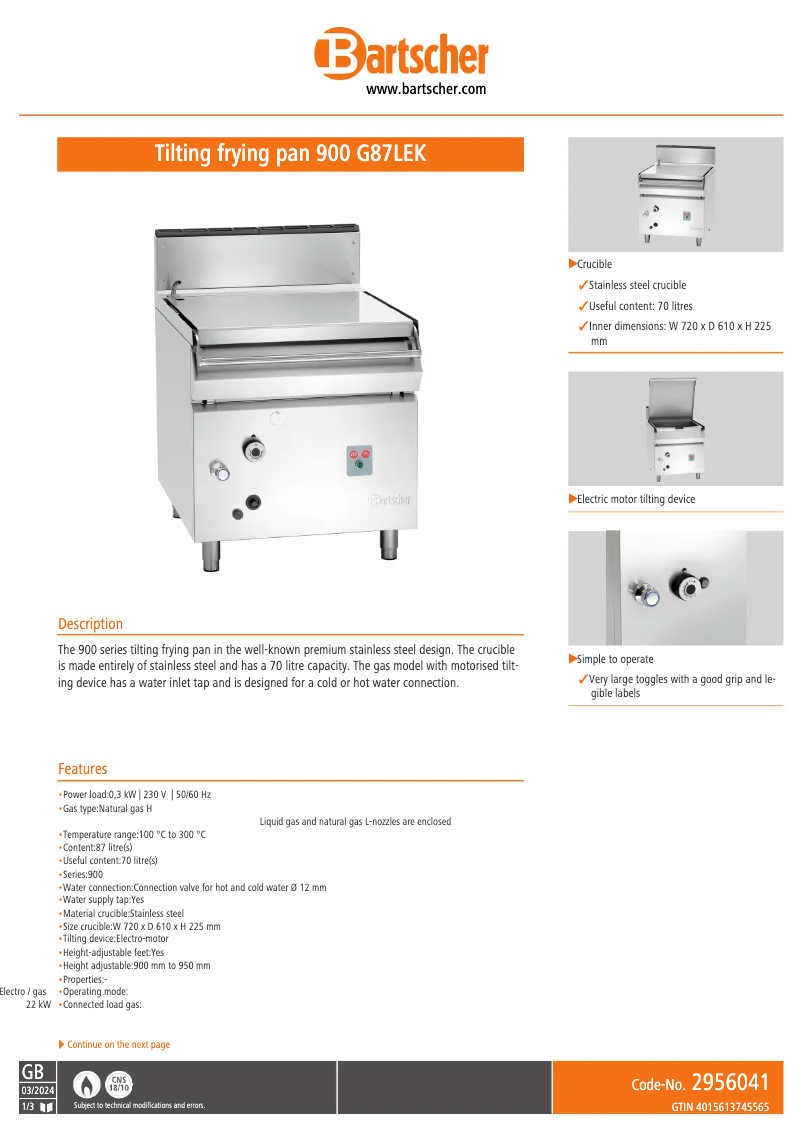Page 1 de la notice Fiche technique Bartscher 900 G87LEK