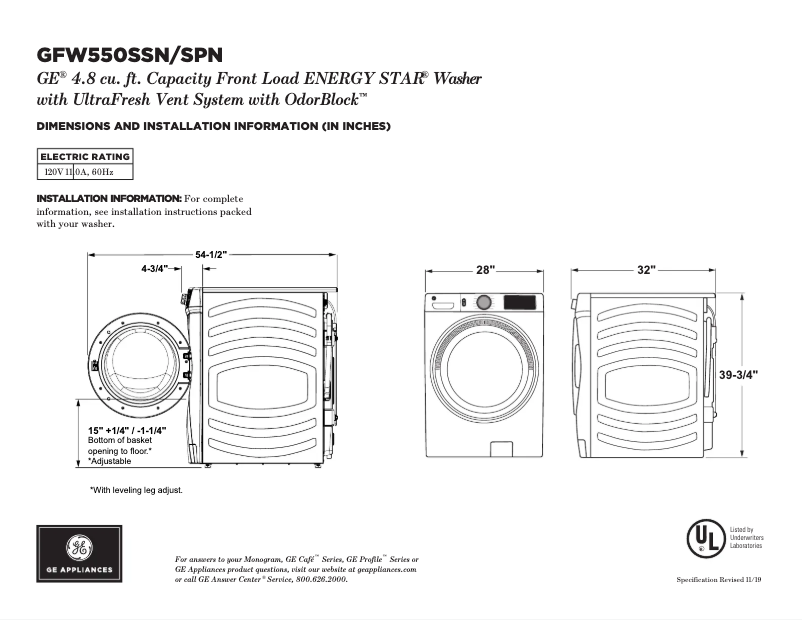 Page n°1 - Fiche technique GE GFW550SSNWW