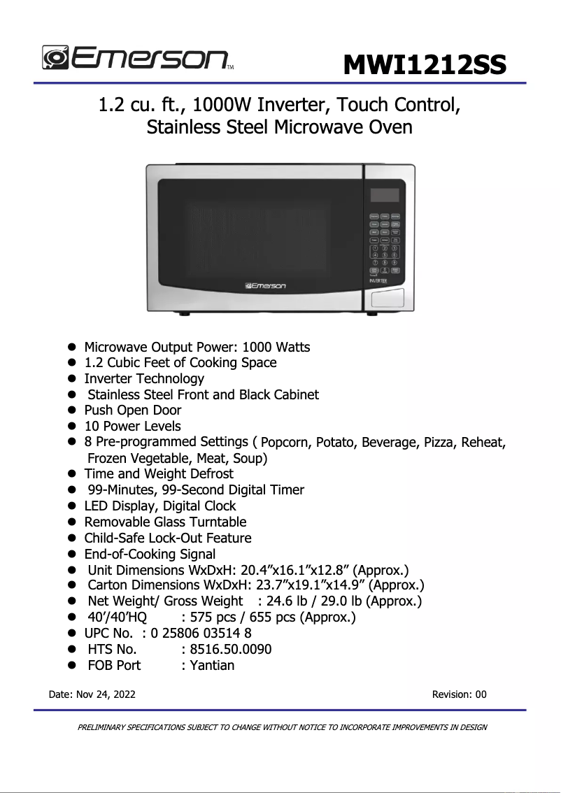 Page 1 de la notice Fiche technique Emerson MWI1212SS
