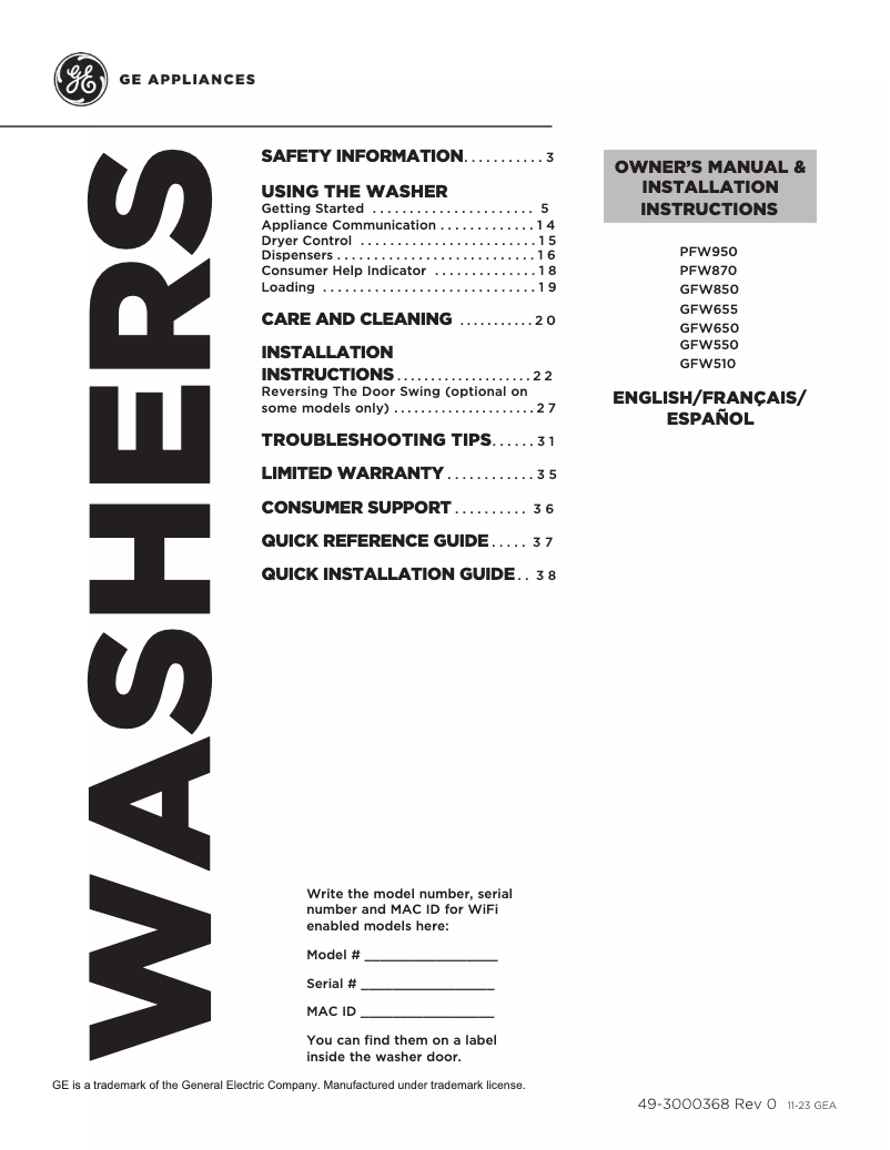Page 1 de la notice Guide d'installation GE GFW650SSNWW