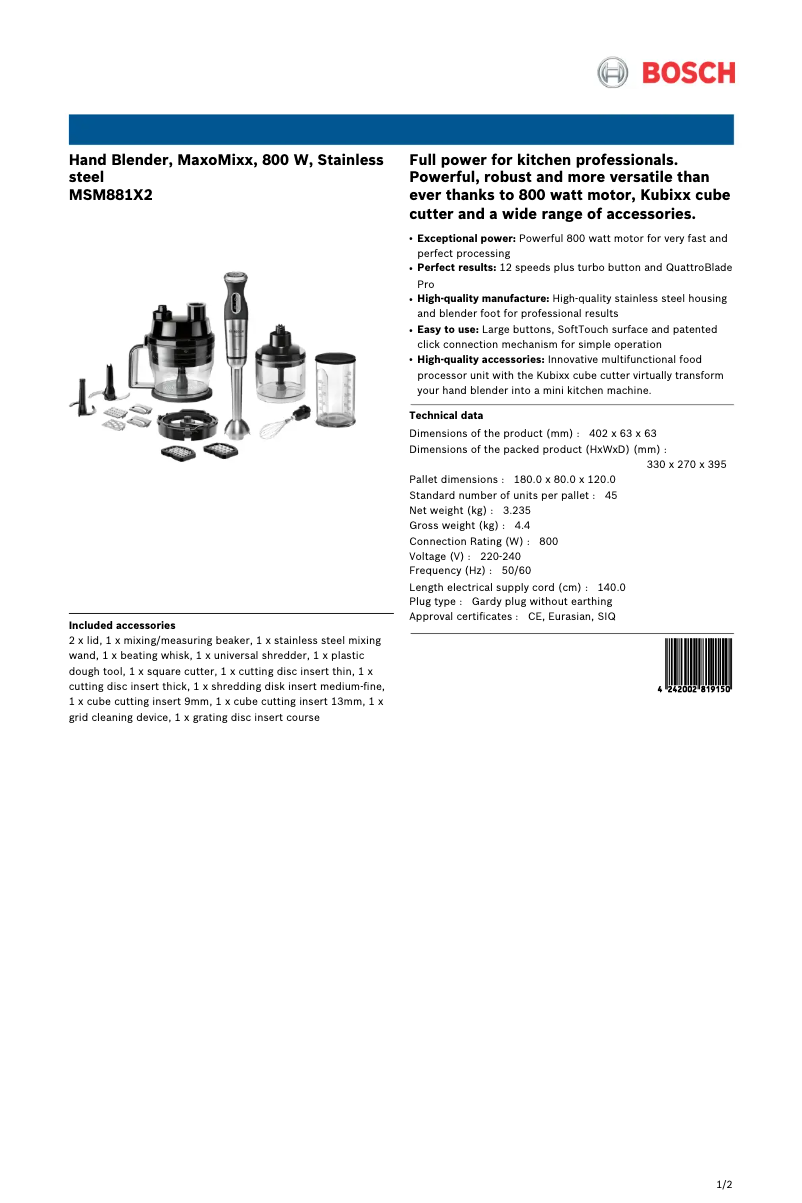 Page 1 de la notice Fiche technique Bosch MSM881X2
