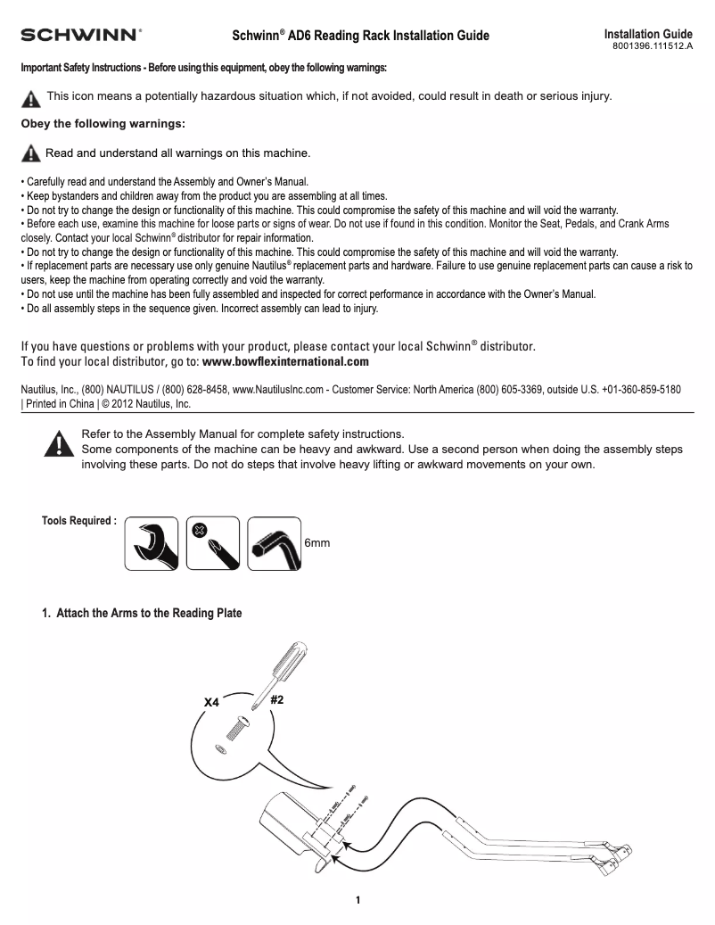 Page 1 de la notice Guide d'installation Schwinn Airdyne AD6