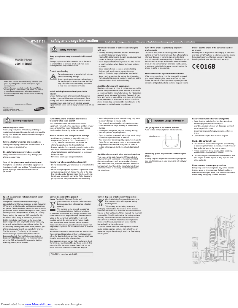 Page n°1 - Manuel utilisateur Samsung GT-E1151