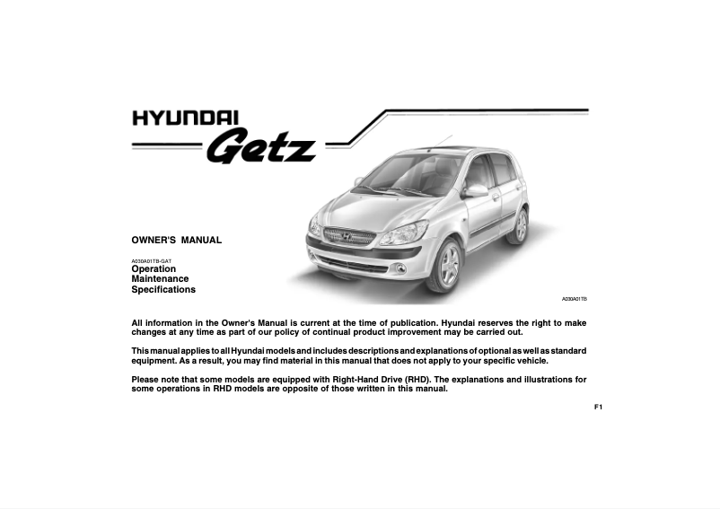 Page 1 de la notice Manuel utilisateur Hyundai Getz (2008)