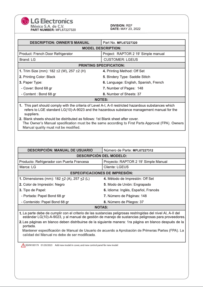 Page n°1 - Manuel utilisateur LG LRFES2503S