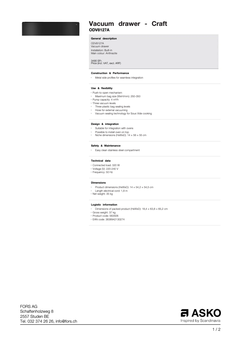 Page 1 de la notice Fiche technique Asko ODV8127A