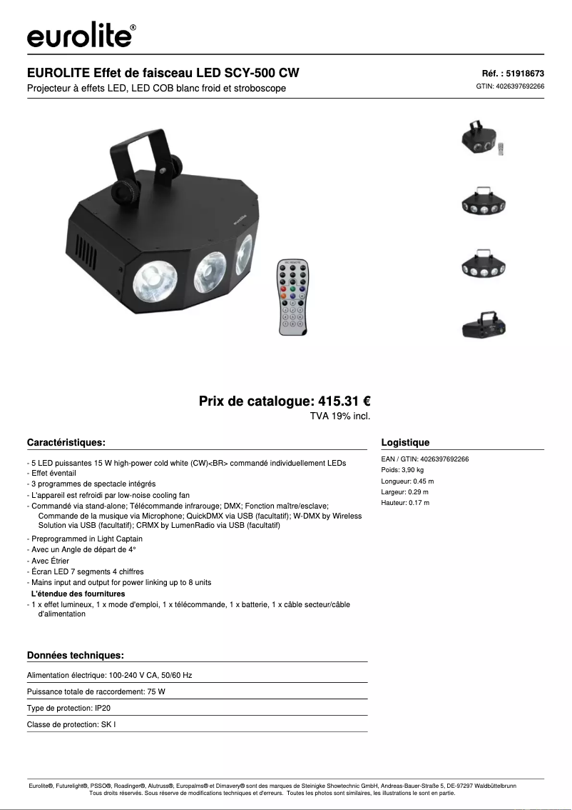 Page 1 de la notice Fiche technique Eurolite LED SCY-500
