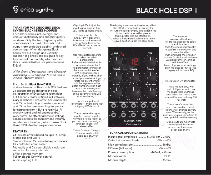 Page 1 de la notice Manuel utilisateur Erica Synths Black Hole DSP III