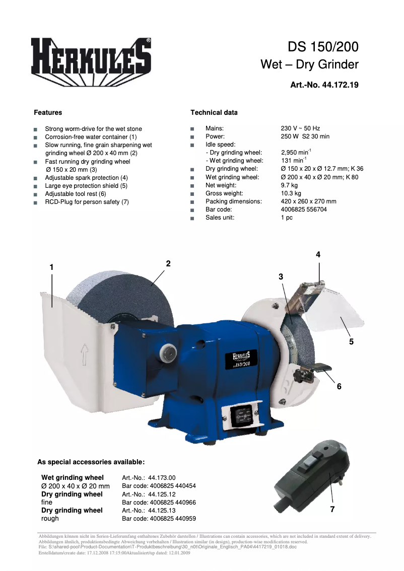 Page 1 de la notice Fiche technique Herkules DS 150/200