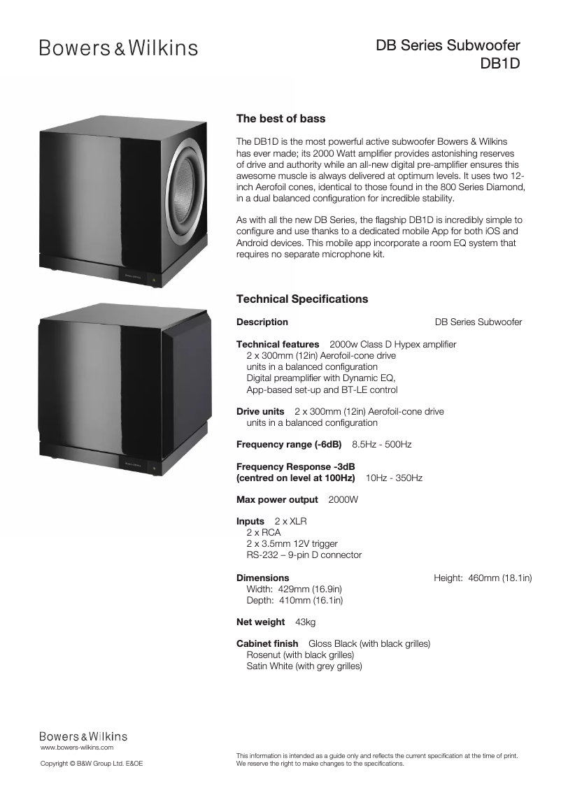 Page 1 de la notice Fiche technique Bowers & Wilkins DB1D