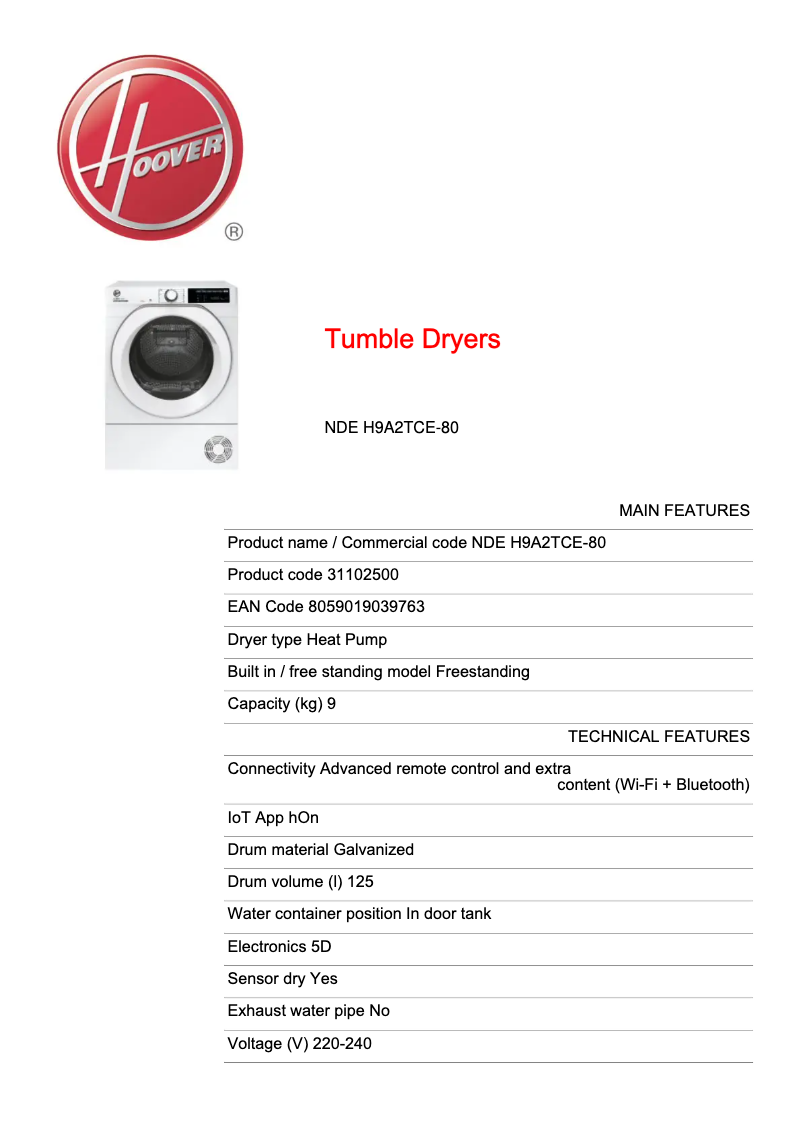 Page 1 of the manual Technical Sheet Hoover NDE H9A2TCE-80